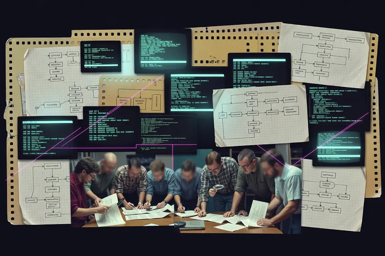 Vintage computing era and early distributed systems meetup aesthetic