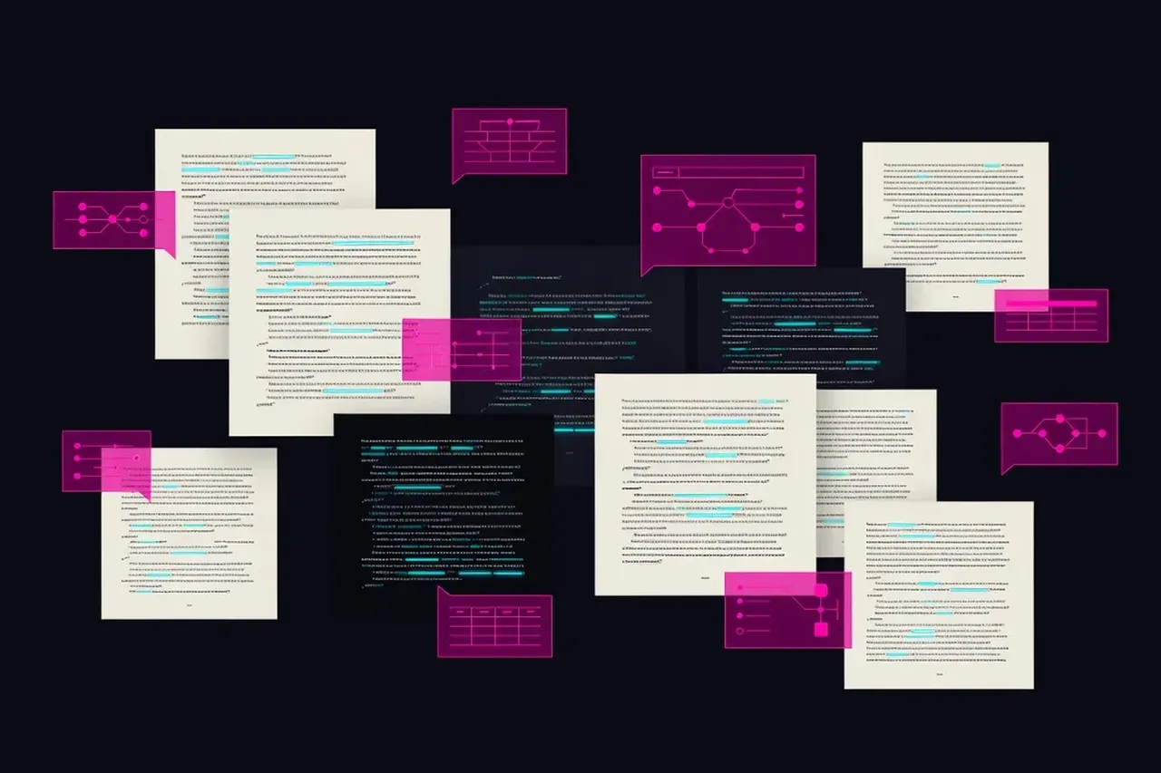 Abstract composition of technical essays and database diagrams