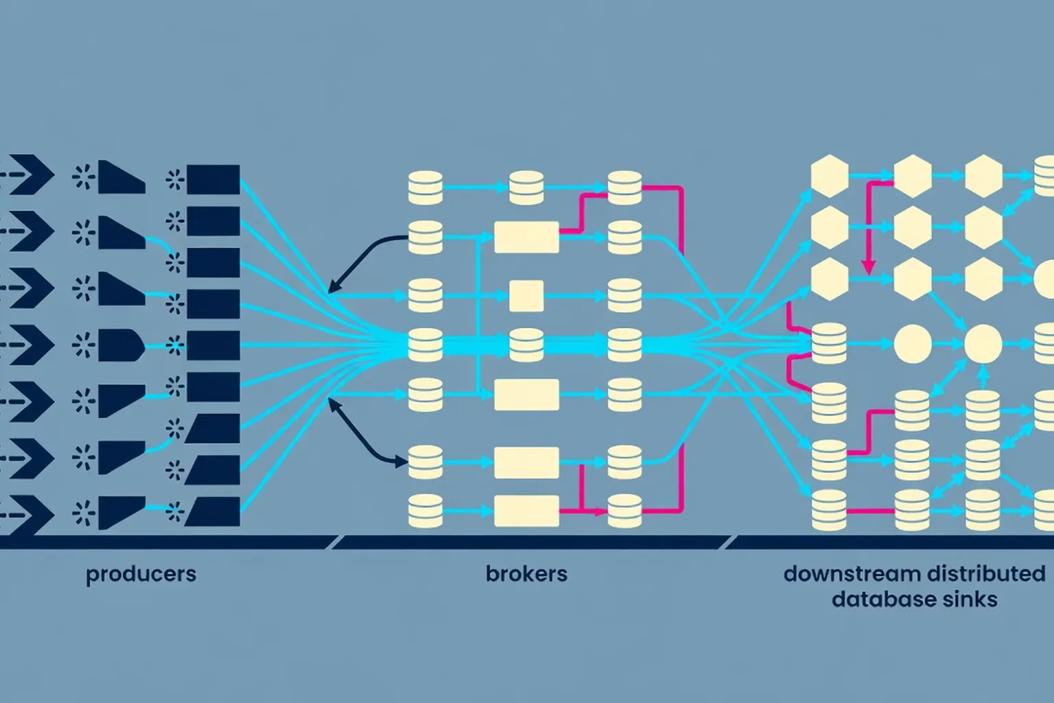 Stream processing topology with producers, brokers, and downstream distributed database sinks