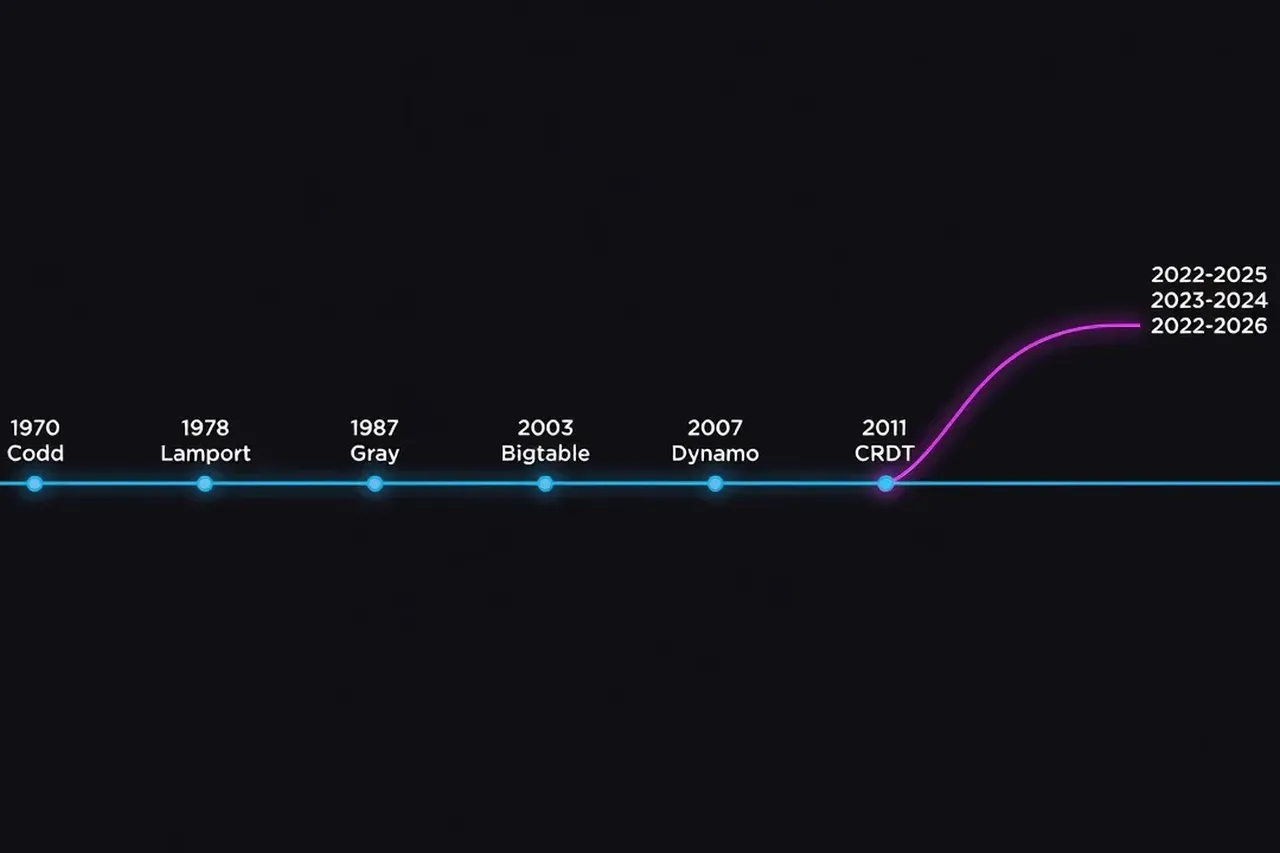 Timeline of foundational database papers 1970-2026