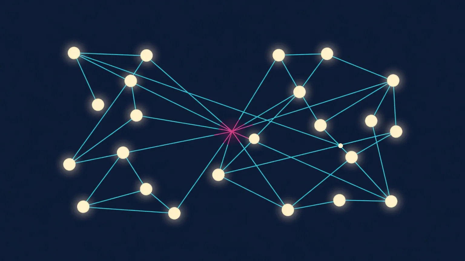 Abstract network diagram of AI agent nodes reaching consensus, navy and cyan palette