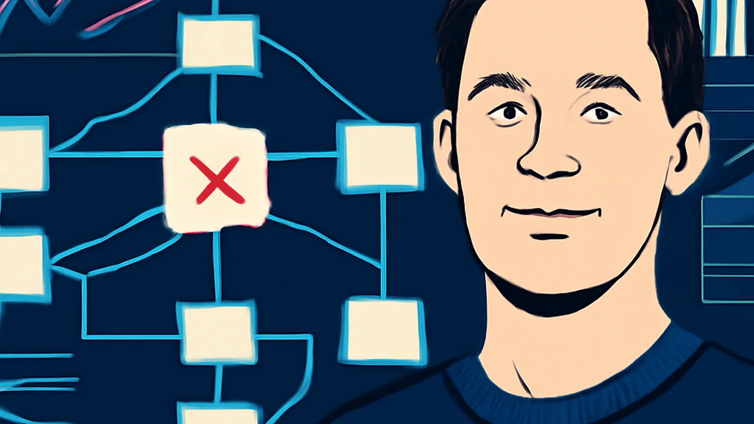 Editorial portrait of a fictional site reliability engineer, full face visible, Shard palette