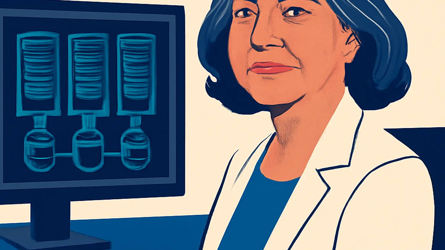 Editorial portrait of a fictional database engineer at a workstation, full face visible, Shard palette